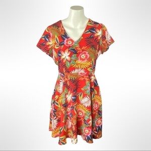 Red Floral Fit and Flare Dress Criss Cross Back